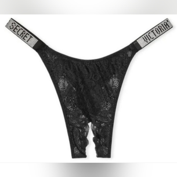 XXL Victoria's Secret Shine Strap Lace Crotchless Panty Black - Picture 1 of 1